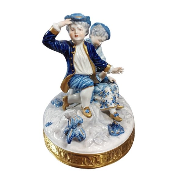 Volkstedt Sommeil Baroque Traveler Figurine Group Sculpture Cobalt Blue Gold Vtg - Picture 4 of 15